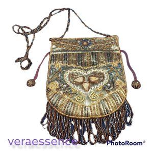 Vintage Beaded Fringe Mini Bag ~ Crossbody Colorful Small Purse with Strap